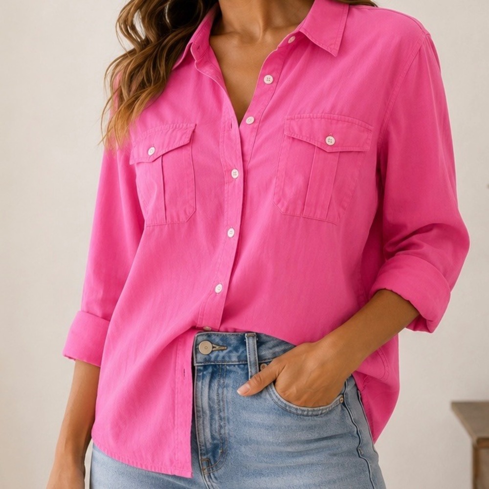 Ralph Lauren Denim Hot Pink Cotton Button Down Utility Shirt Black Label Large